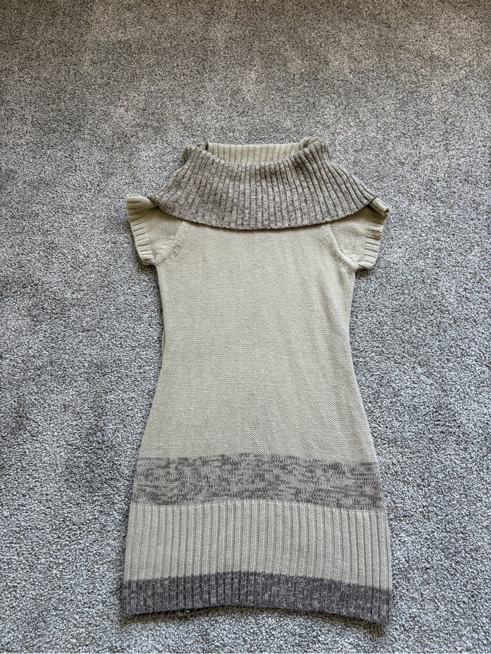 Cream Short-Sleeve Cowl Neck Sweater Dress with Contrast Hem